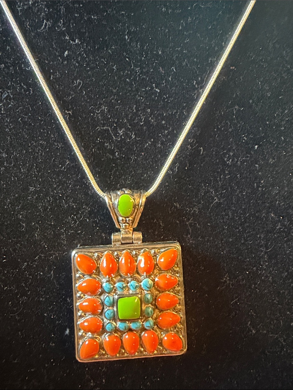 Best brand Square Pendant Necklace with Orange and Turquoise Accents